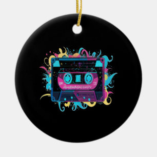 Retro Neon Cassette Tape with Vibrant Splash Ceramic Tree Decoration