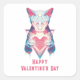 Retro Neon Cat Valentine`s Day Square Sticker