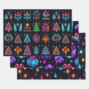 Retro Neon Christmas Wrapping Paper Sheet