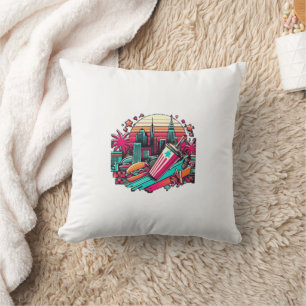 Retro Neon Cityscape with Fast Food Vibes  Cushion