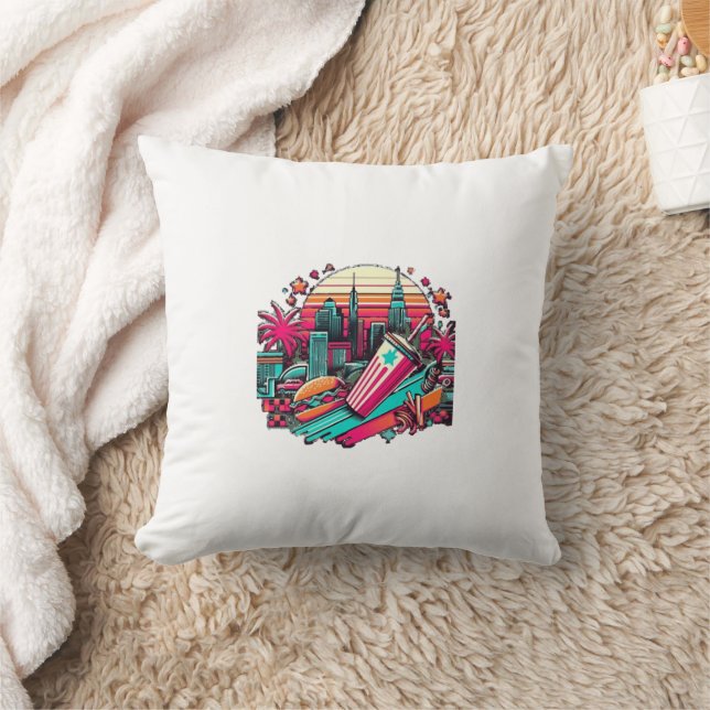 Retro Neon Cityscape with Fast Food Vibes  Cushion (Blanket)