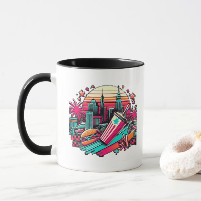 Retro Neon Cityscape with Fast Food Vibes  Mug (With Donut)
