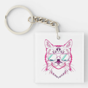 Retro neon cyber cat wearing sunglasses key ring