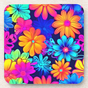 Retro Neon Flowers Pattern Coaster