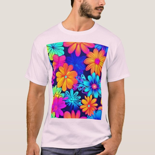 Retro Neon Flowers Pattern T-Shirt (Front)