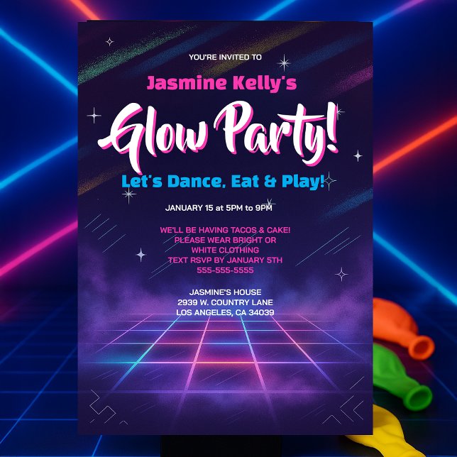 Retro Neon Glow Party Invitation for Kids or Teens (Creator Uploaded)