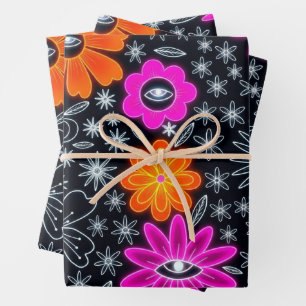 Retro Neon Glowing Floral Mystic Eye Wrapping Pape Paper Sheet