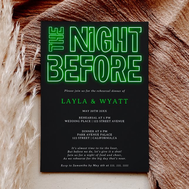 Retro neon green night before rehearsal dinner invitation (Creator Uploaded)
