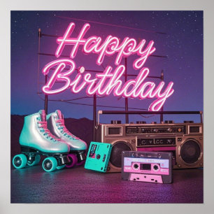Retro neon Happy Birthday sign in pink and teal