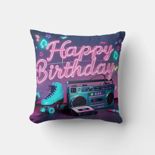 Retro neon Happy Birthday sign in pink and teal Cushion