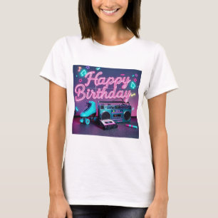 Retro neon Happy Birthday sign in pink and teal T-Shirt