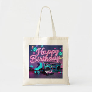 Retro neon Happy Birthday sign in pink and teal Tote Bag