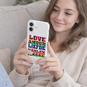 Retro Neon Heart Pattern Typography Love Graphic iPhone 16 Case