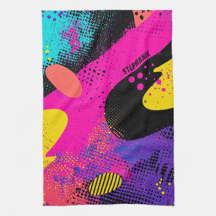 Retro Neon Hot Pink Cyan Abstract Pop Art Tea Towel
