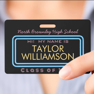 Retro neon light class reunion name ID badge