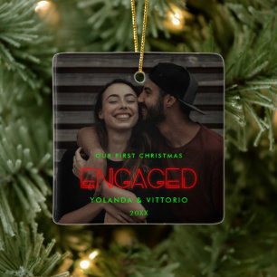 Retro Neon lights Our First Christmas engaged Ceramic Ornament