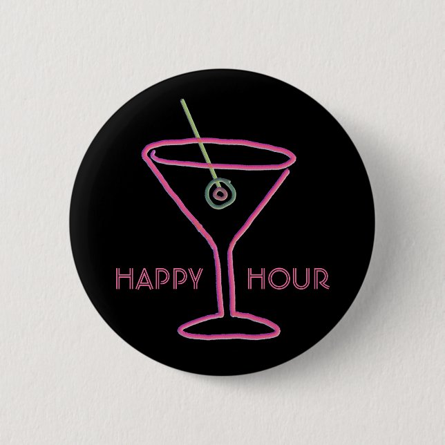 Retro Neon Martini Happy Hour Button (Front)