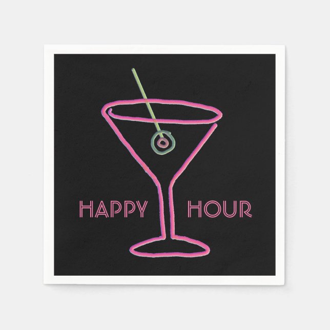 Retro Neon Martini Happy Hour Napkins (Front)