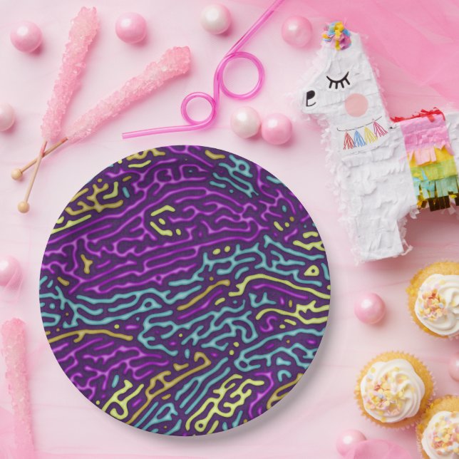 Retro Neon Maze Pattern – Arcade Aesthetic Paper Plate (Party)