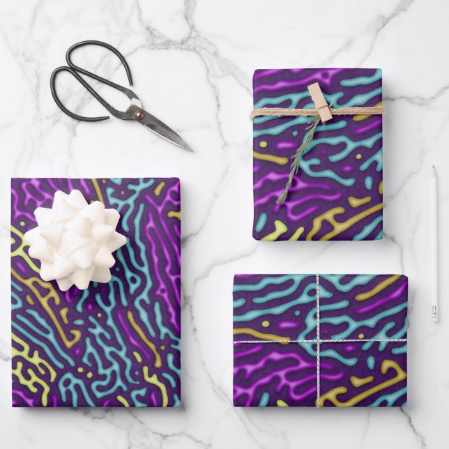 Retro Neon Maze Pattern – Arcade Aesthetic Wrapping Paper Sheet (Front)