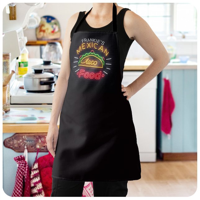 Retro Neon Mexican Food Taco Personalised Diner Apron (Creator Uploaded)