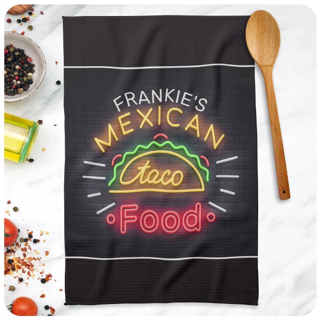 Retro Neon Mexican Food Taco Personalized Diner Tea Towel (Creator Uploaded)