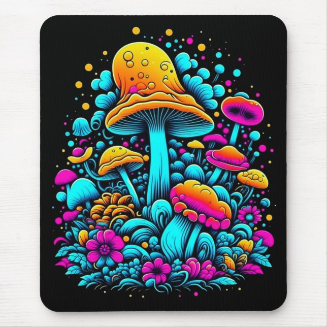 Retro Neon Mushrooms and Flowers Ai Art Mouse Mat (Front)