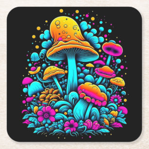 Retro Neon Mushrooms and Flowers Ai Art Square Paper Coaster