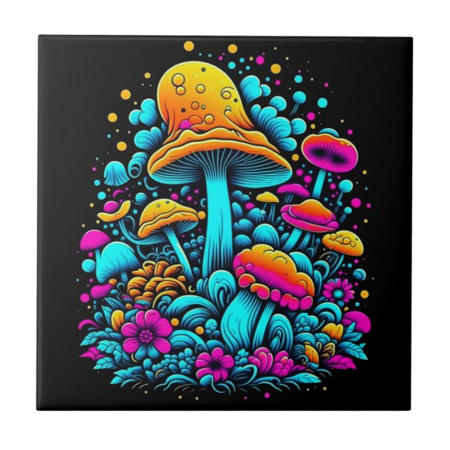 Retro Neon Mushrooms and Flowers Ai Art Tile (Front)