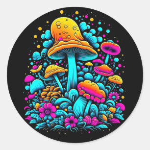 Retro Neon Mushrooms and Flowers  Classic Round Sticker