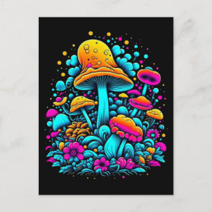 Retro Neon Mushrooms and Flowers Postcard