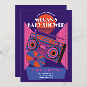 Retro neon music electro baby shower invitation