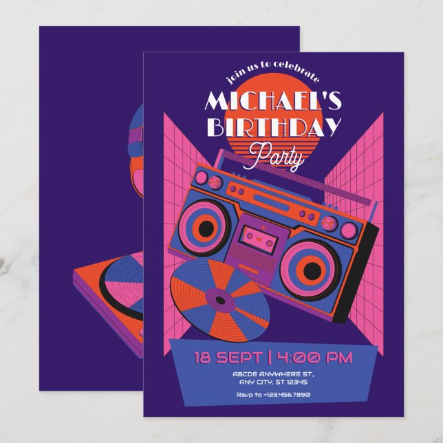 Retro neon music electro birthday invitation (Front/Back)