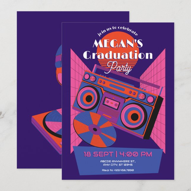 Retro neon music electro graduation party invitation (Front/Back)