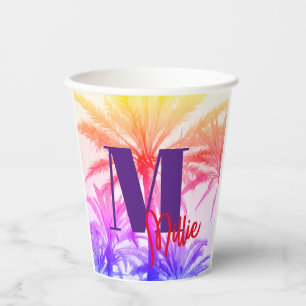 Retro Neon Palm Tree Paper Cup – Custom Name 80's
