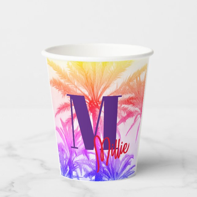 Retro Neon Palm Tree Paper Cup – Custom Name 80's  (Front)