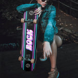 Retro Neon Pink & Blue Rock Music Note Skateboard<br><div class="desc">Cool retro skateboard with pink and blue neon border,  the text rock,  and music notes.  Great for musicians,  music lovers or a 70s skate party.  Unisex design for men for women. Suitable for kids and adults.</div>