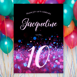 Retro Neon Pink Glitter Glow Script 10th birthday Invitation