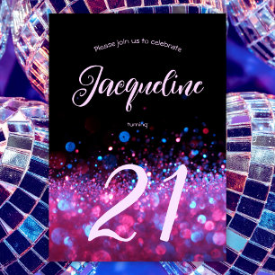 Retro Neon Pink Glitter Glow Script 21st birthday Invitation