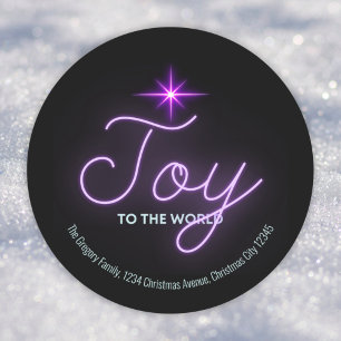 Retro Neon Pink Joy Christmas Star Address Classic Round Sticker