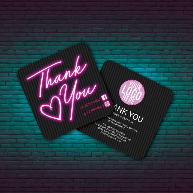Retro Neon Pink Lights Customer Thank You Square B Square Business Card (Creator Uploaded)
