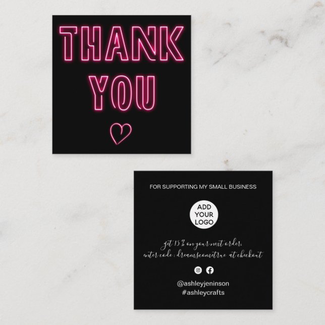 Retro neon pink sign order thank you black square business card (Front/Back)
