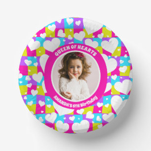 Retro Neon Queen Of Hearts Birthday Party Photo Paper Plate
