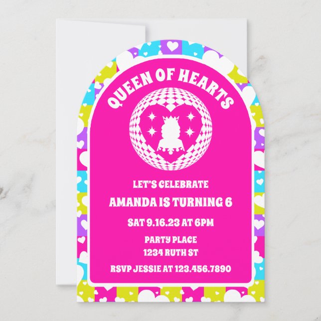 Retro Neon Queen Of Hearts Birthday Photo Arch Invitation (Front)