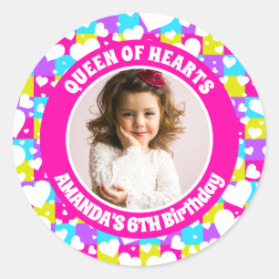Retro neon Queen Of Hearts Birthday Photo Classic Round Sticker