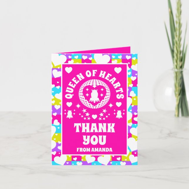 Retro Neon Queen Of Hearts Birthday Thank You Card (Front)
