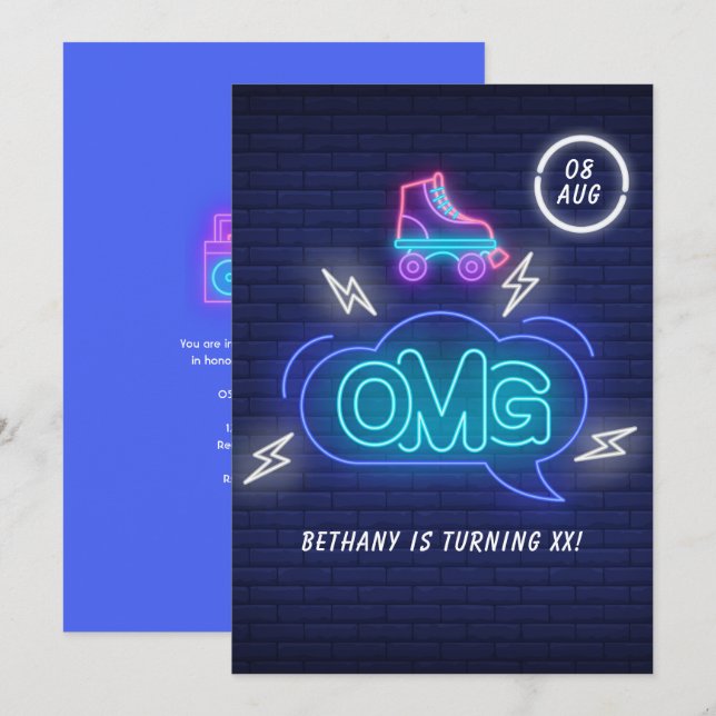 Retro Neon Signs Birthday Invitation (Front/Back)