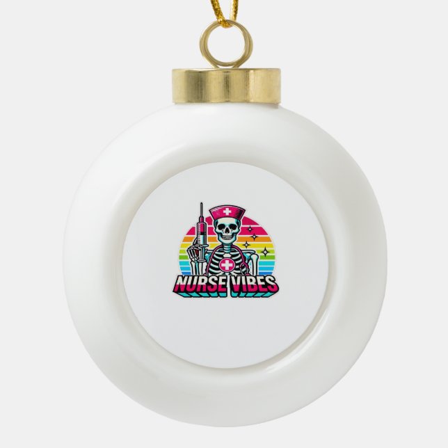 Retro Neon Skeleton Nurse – Funny Spooky Medical D Ceramic Ball Christmas Ornament (Front)