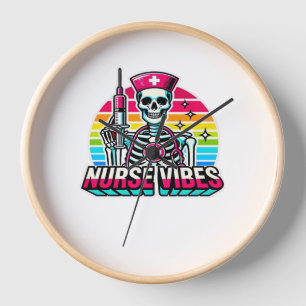 Retro Neon Skeleton Nurse – Funny Spooky Medical D Clock