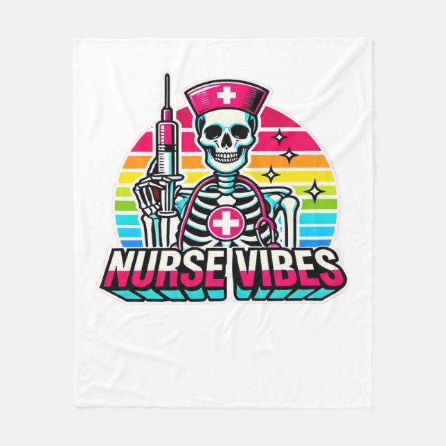 Retro Neon Skeleton Nurse – Funny Spooky Medical D Fleece Blanket (Front)